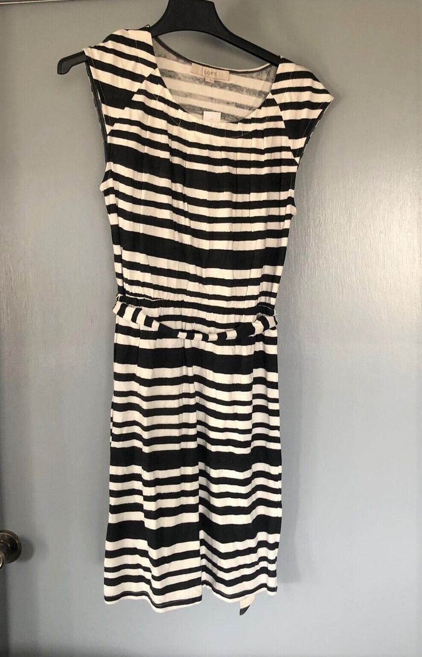 NWT Ann Taylor LOFT Dress Black White Stripe Tie Waist Belted Sleeveless Small